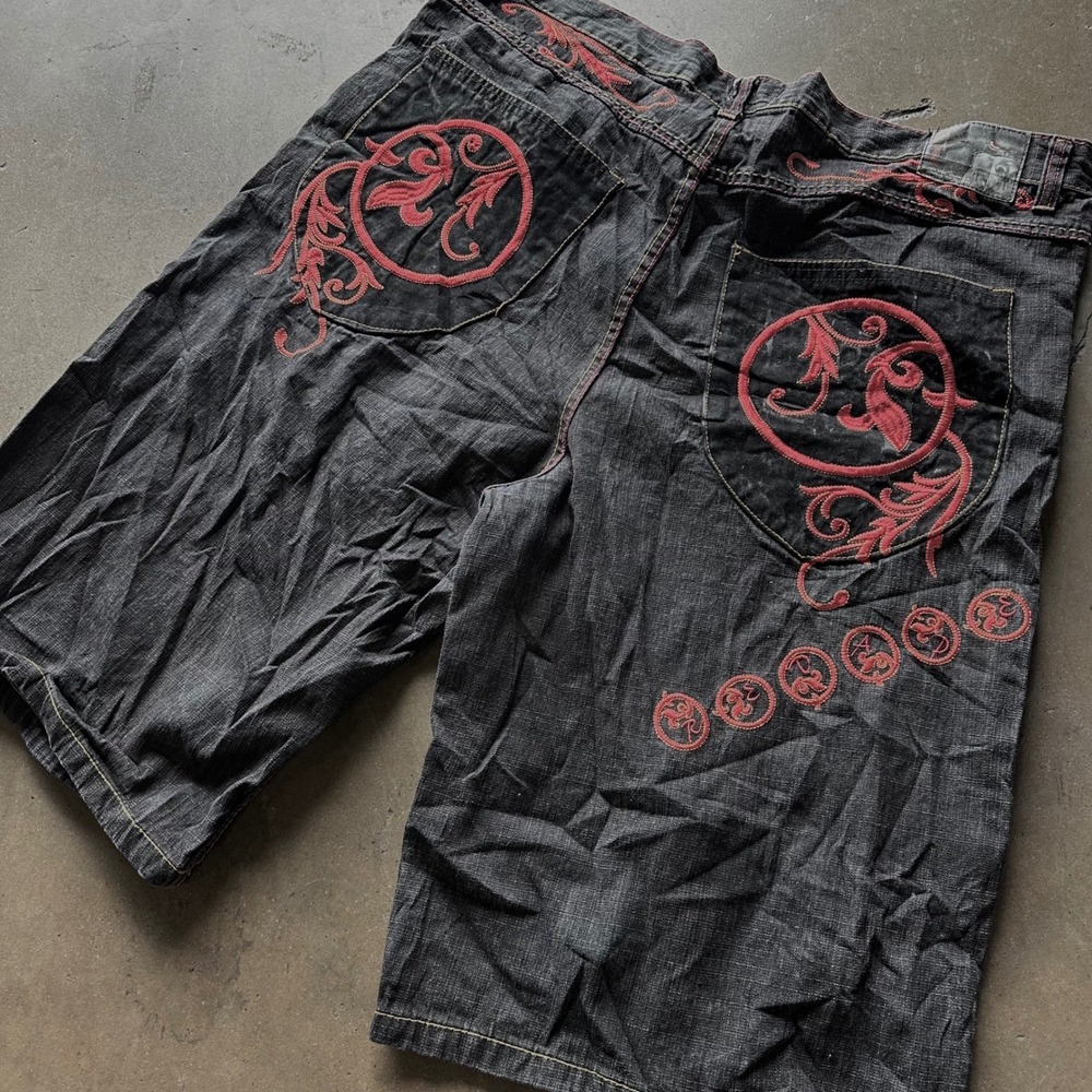Red Ape Mens Denim Shorts 46 Dark Wash Red Embroidered Y2K Baggy Streetwear